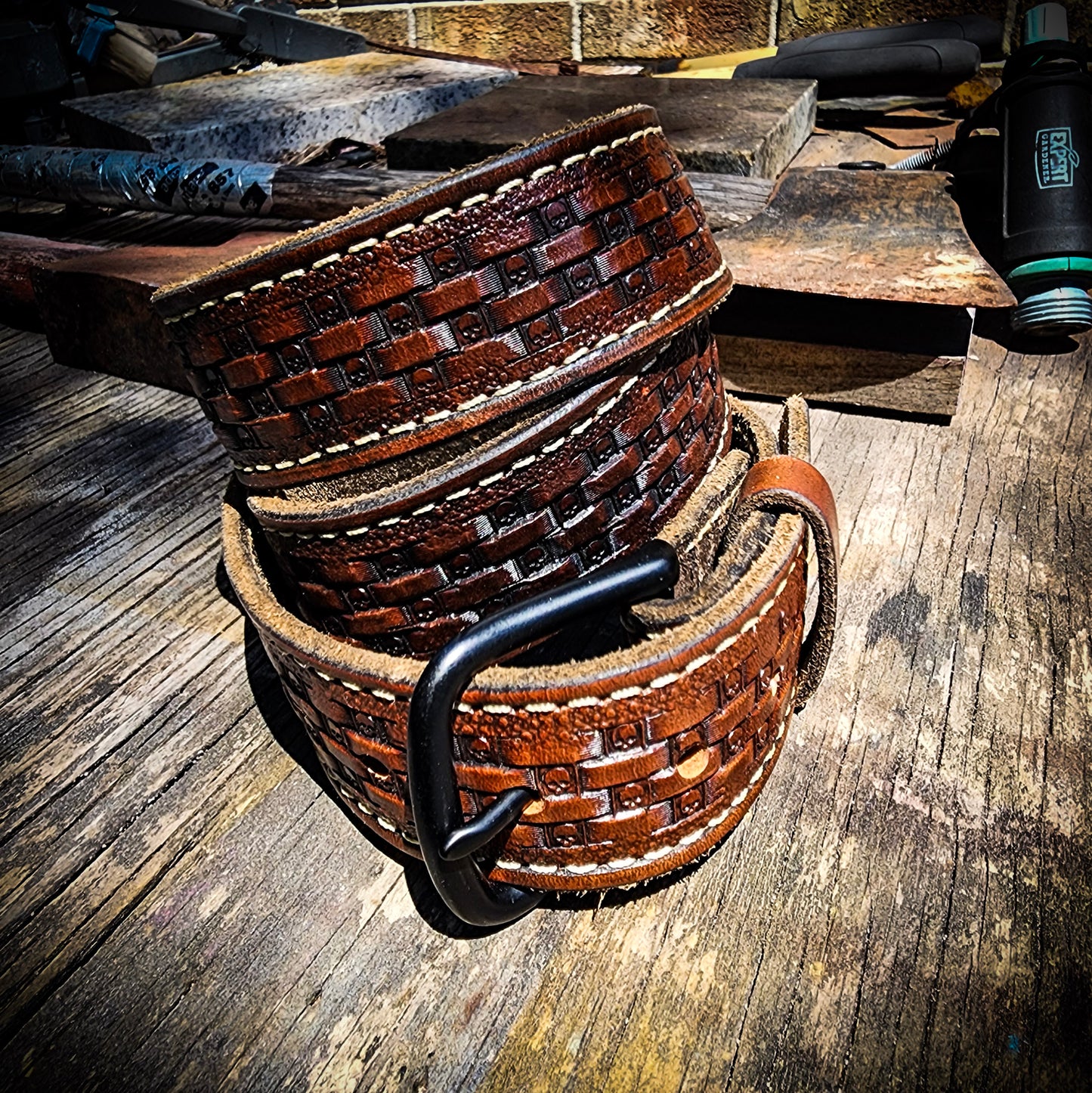 Hand Stamped Hermann Oak Leather Belt - Basket Weave Skull Pattern