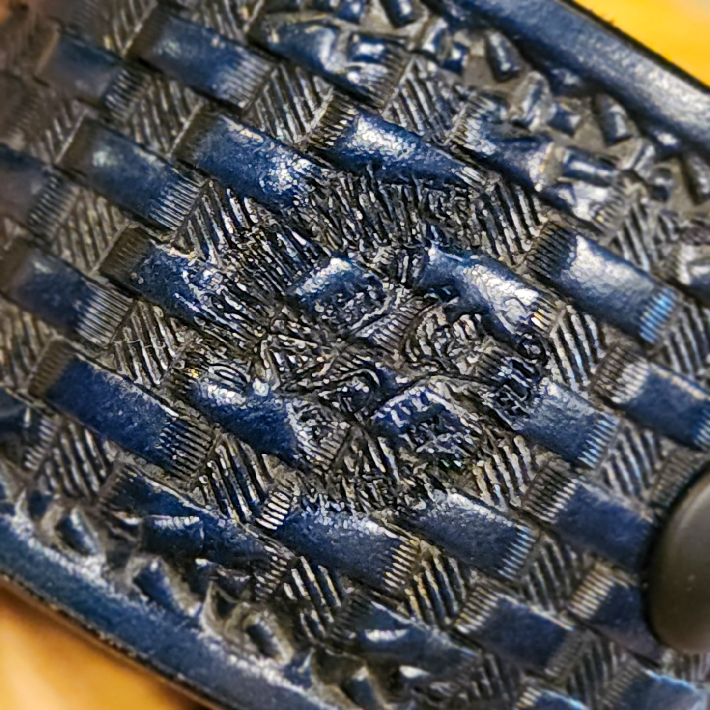 Hand Stamped Royal Blue Leather Wrist Cuff - Double Rope Basketweave Pattern