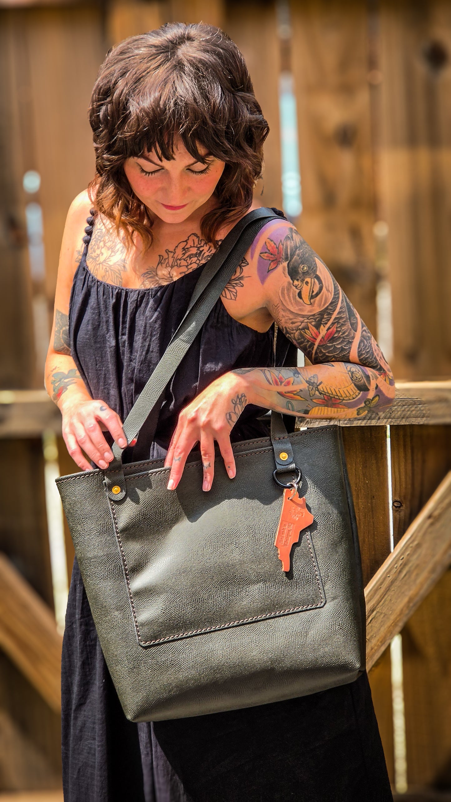 Charcoal Lizard Skin Leather Tote Bag