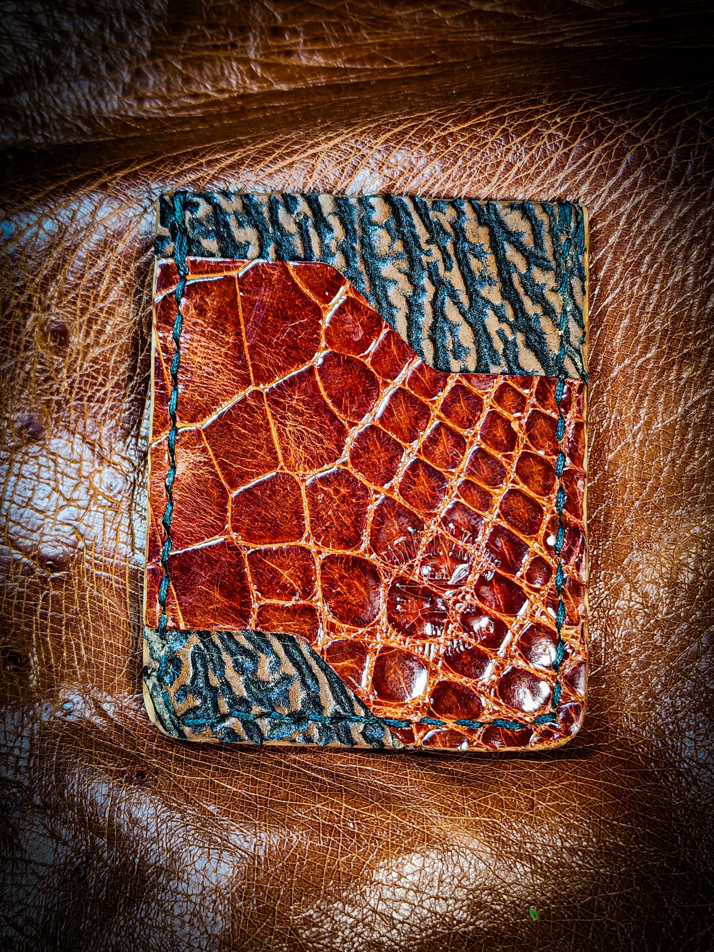 Minimalist Wallet - Nile Crocodile and Shark Skin with hunter green braided tiger thread