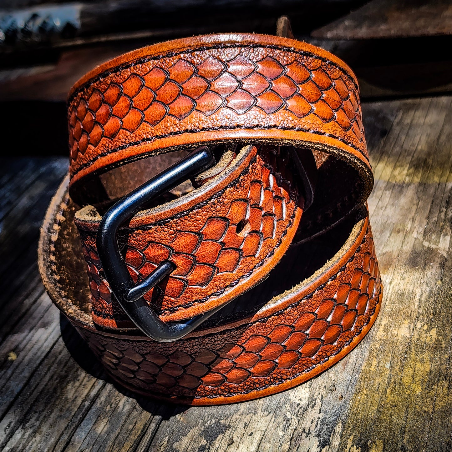 Hand Stamped Hermann Oak Leather Belt - Scale Pattern