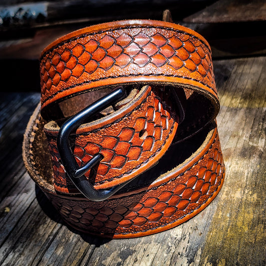 Hand Stamped Hermann Oak Leather Belt - Scale Pattern