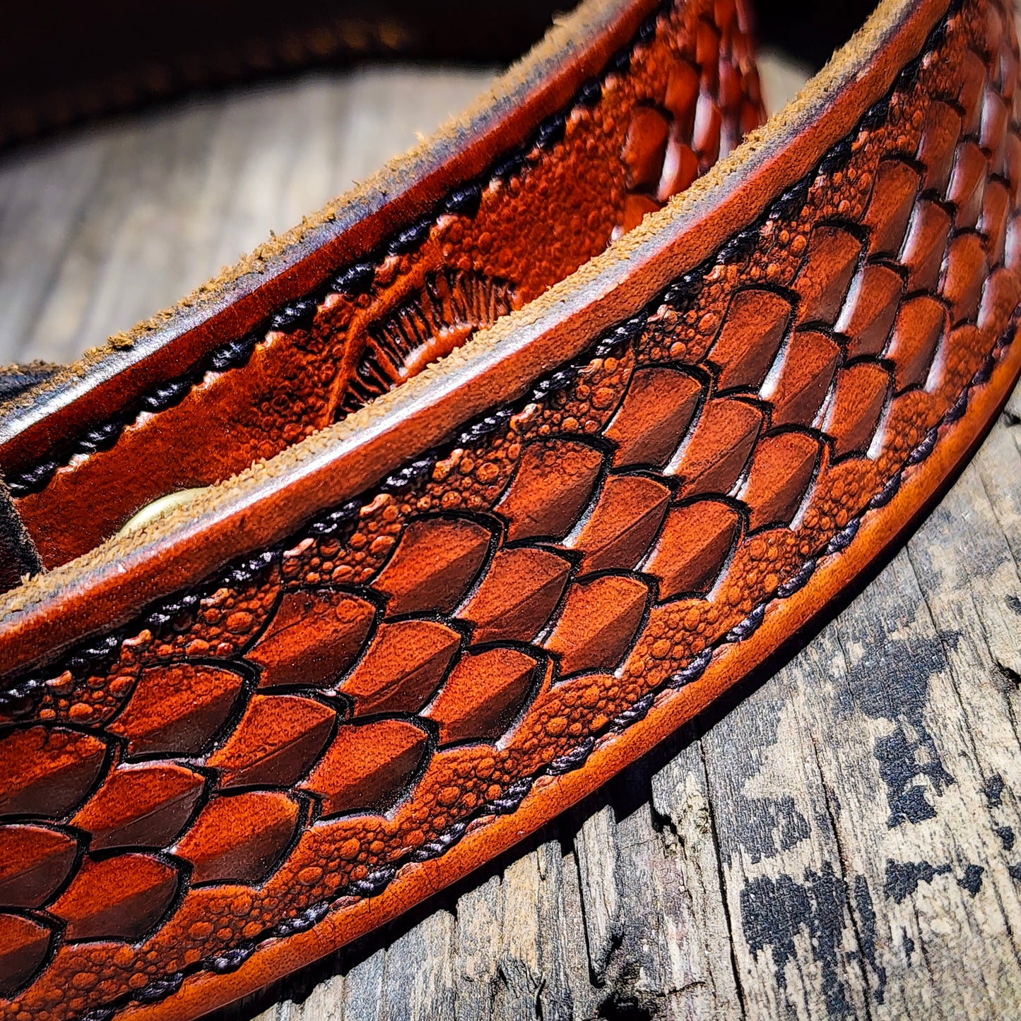 Hand Stamped Hermann Oak Leather Belt - Scale Pattern