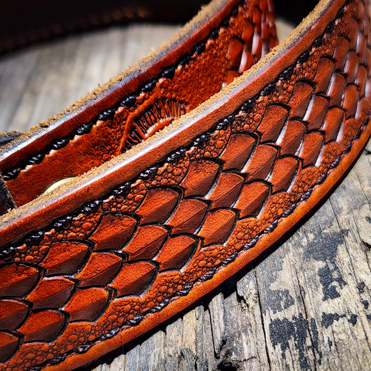 Hand Stamped Hermann Oak Leather Belt - Scale Pattern