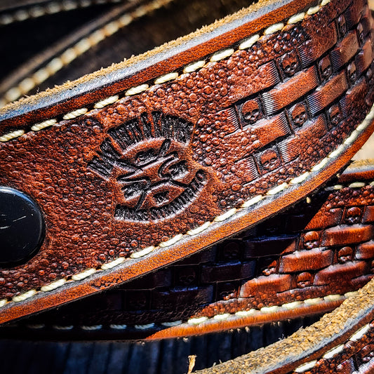 Hand Stamped Hermann Oak Leather Belt - Basket Weave Skull Pattern
