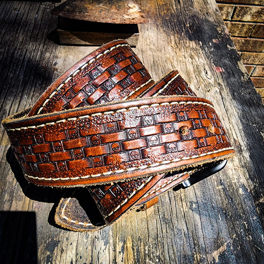 Hand Stamped Hermann Oak Leather Belt - Basket Weave Skull Pattern