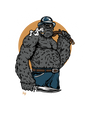 cartoon gorilla logo for beast belts and knives wearing a bowler hat, smoking a pipe and holding a knife in his right hand and a belt over his left shoulder in his left hand with a golden sun shape behind him.
