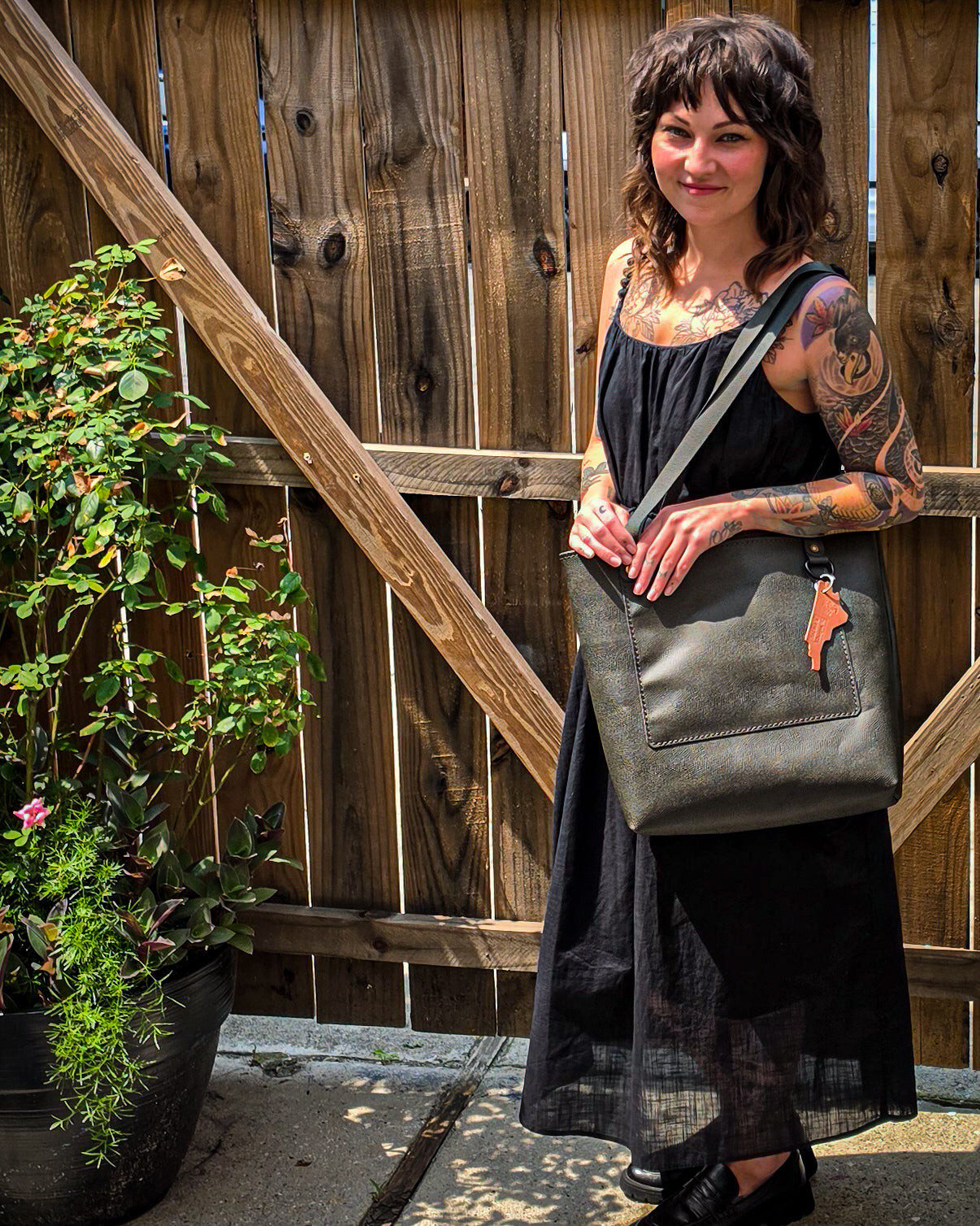 Charcoal Lizard Skin Leather Tote Bag