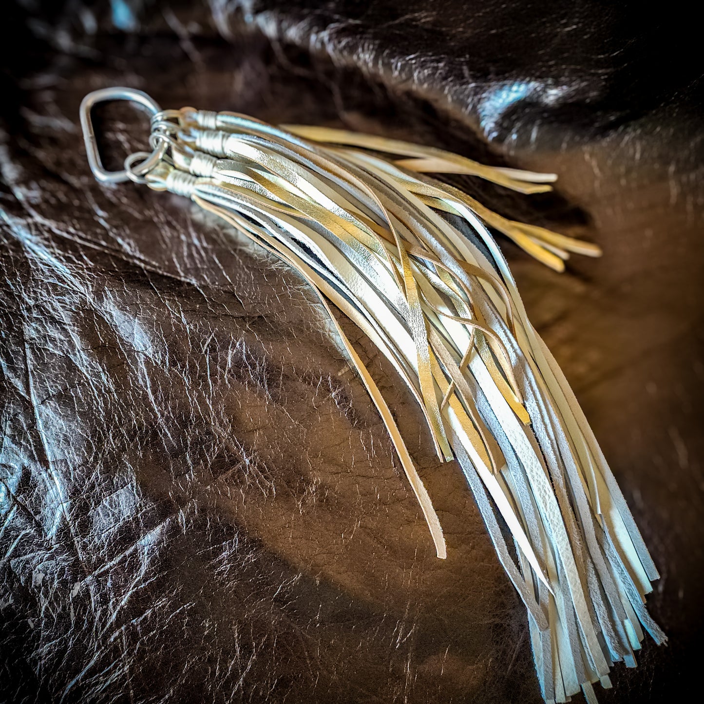 White and Gold Leather Flogger with D-Ring Handle