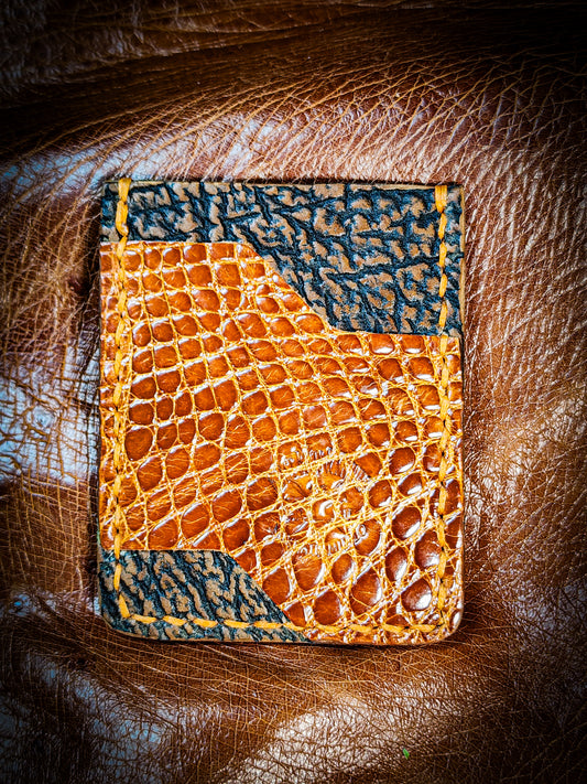 Minimalist Wallet - Nile Crocodile and Shark Skin with orange braided tiger thread
