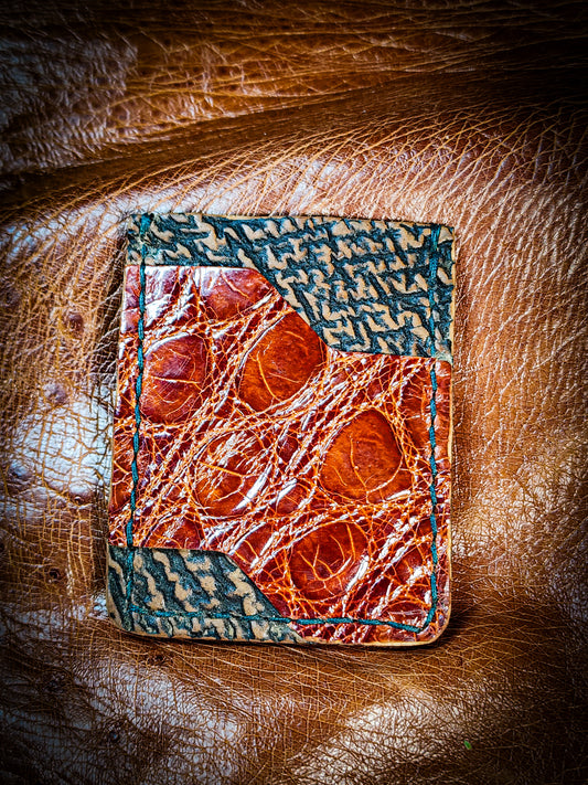 Minimalist Wallet - Nile Crocodile and Shark Skin with hunter green braided tiger thread