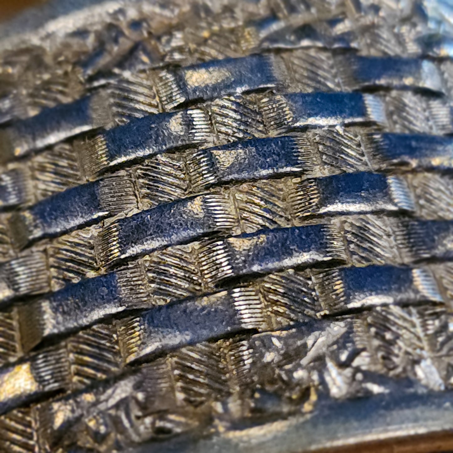 Hand Stamped Royal Blue Leather Wrist Cuff - Double Rope Basketweave Pattern