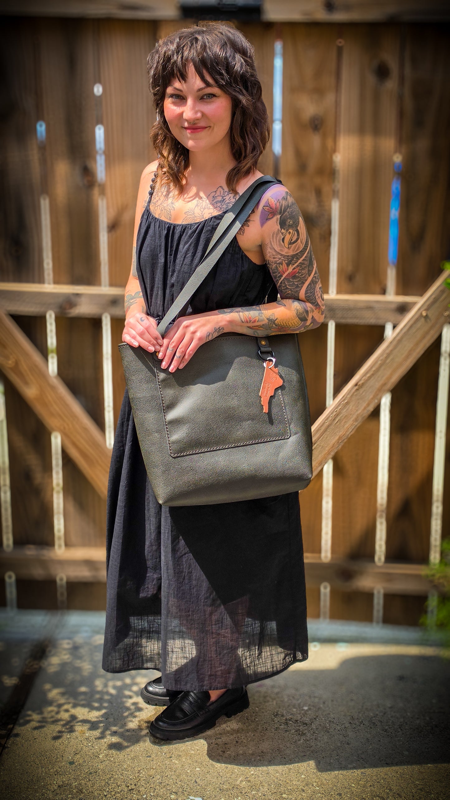 Charcoal Lizard Skin Leather Tote Bag