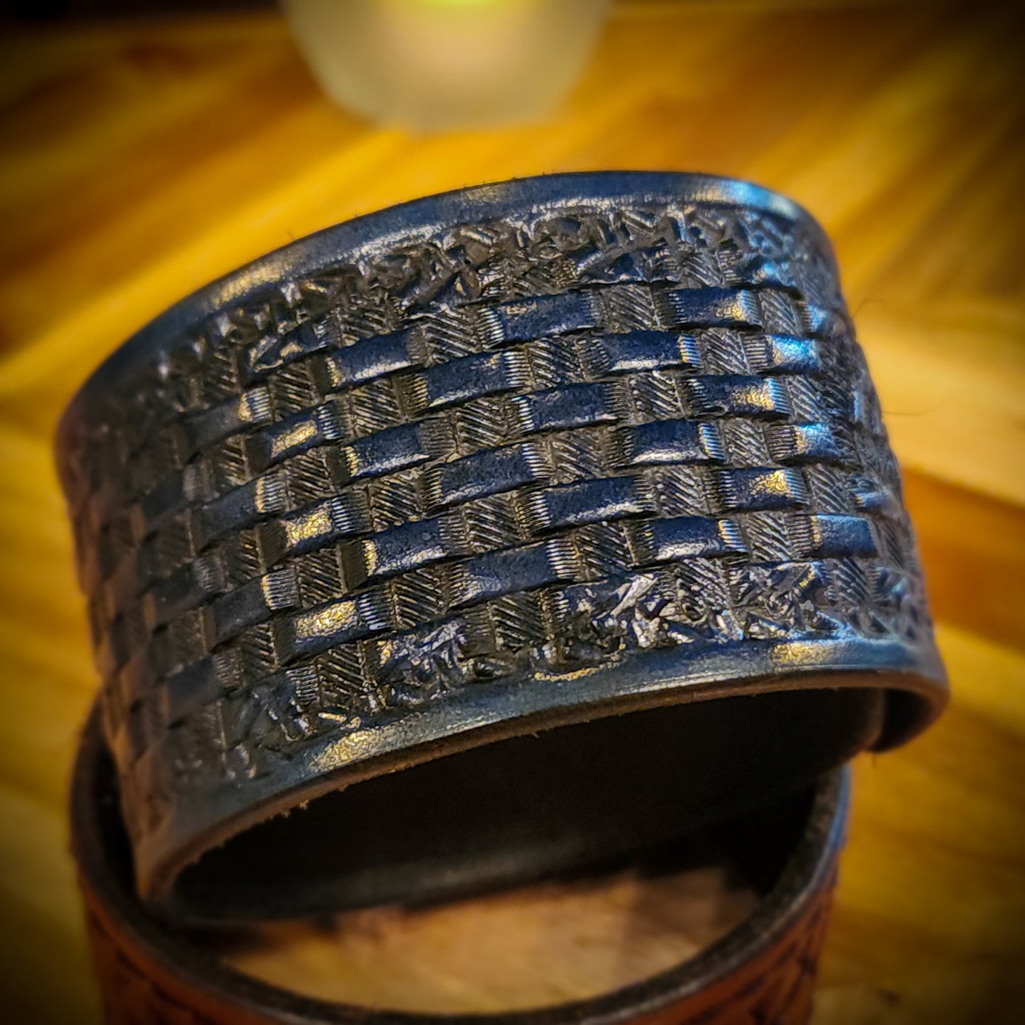 Hand Stamped Royal Blue Leather Wrist Cuff - Double Rope Basketweave Pattern