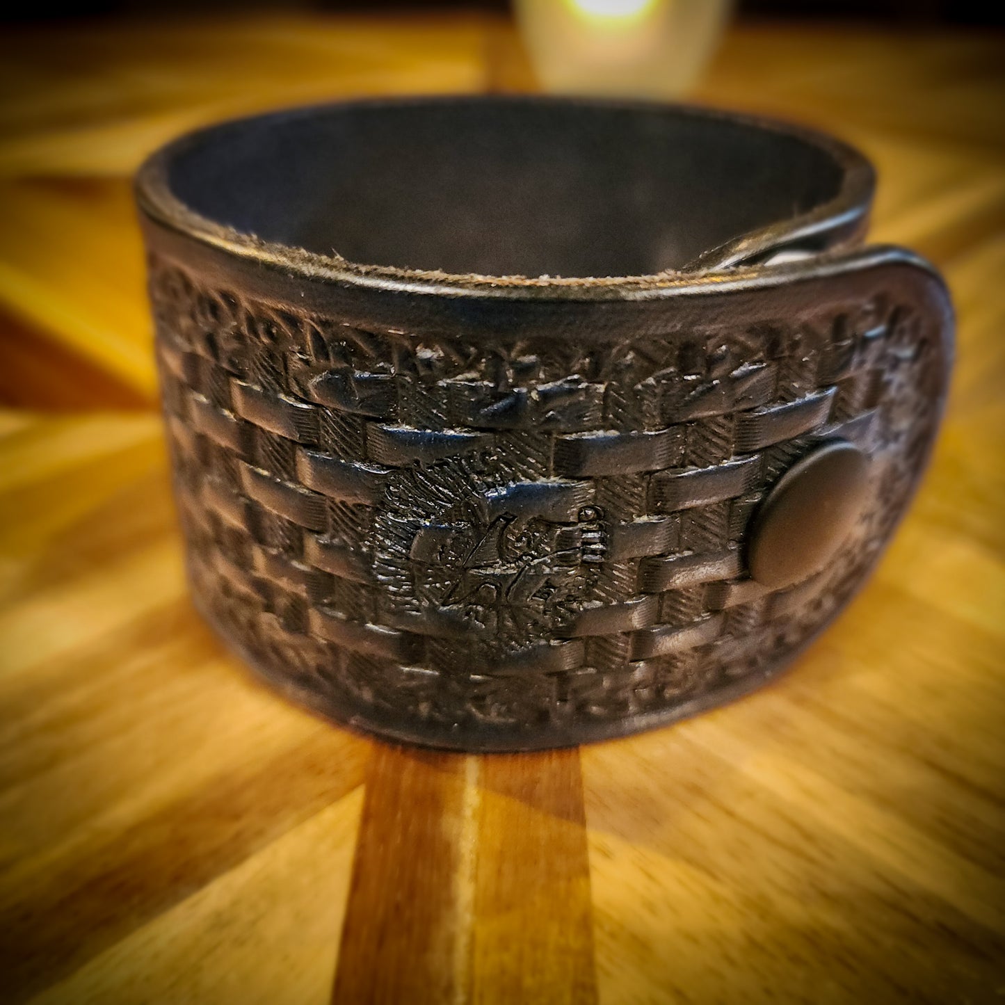 Hand Stamped Royal Blue Leather Wrist Cuff - Double Rope Basketweave Pattern