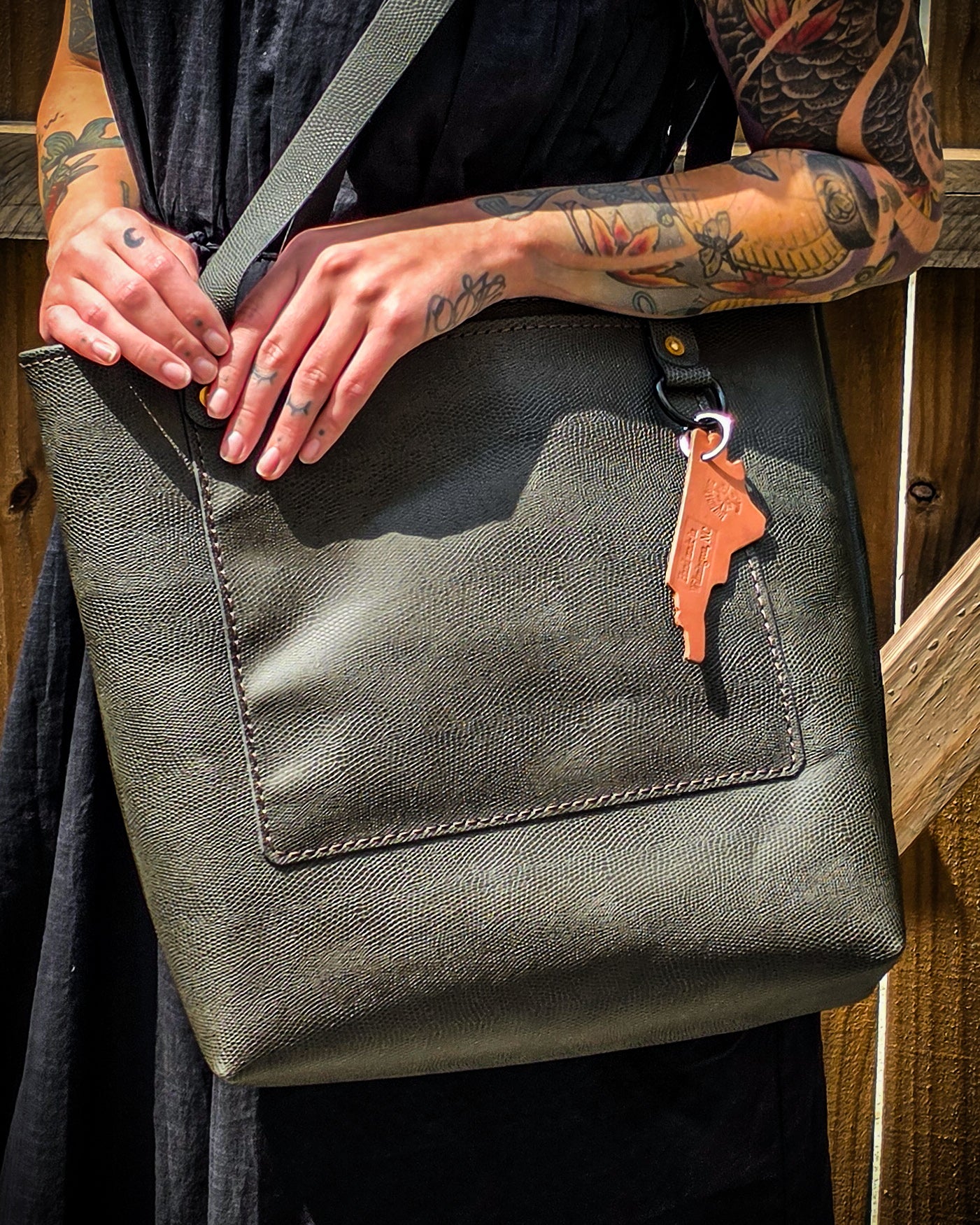 Charcoal Lizard Skin Leather Tote Bag