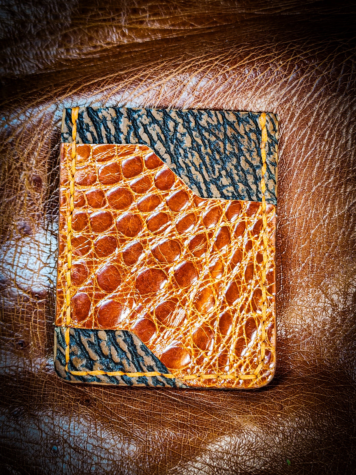 Minimalist Wallet - Nile Crocodile and Shark Skin with orange braided tiger thread